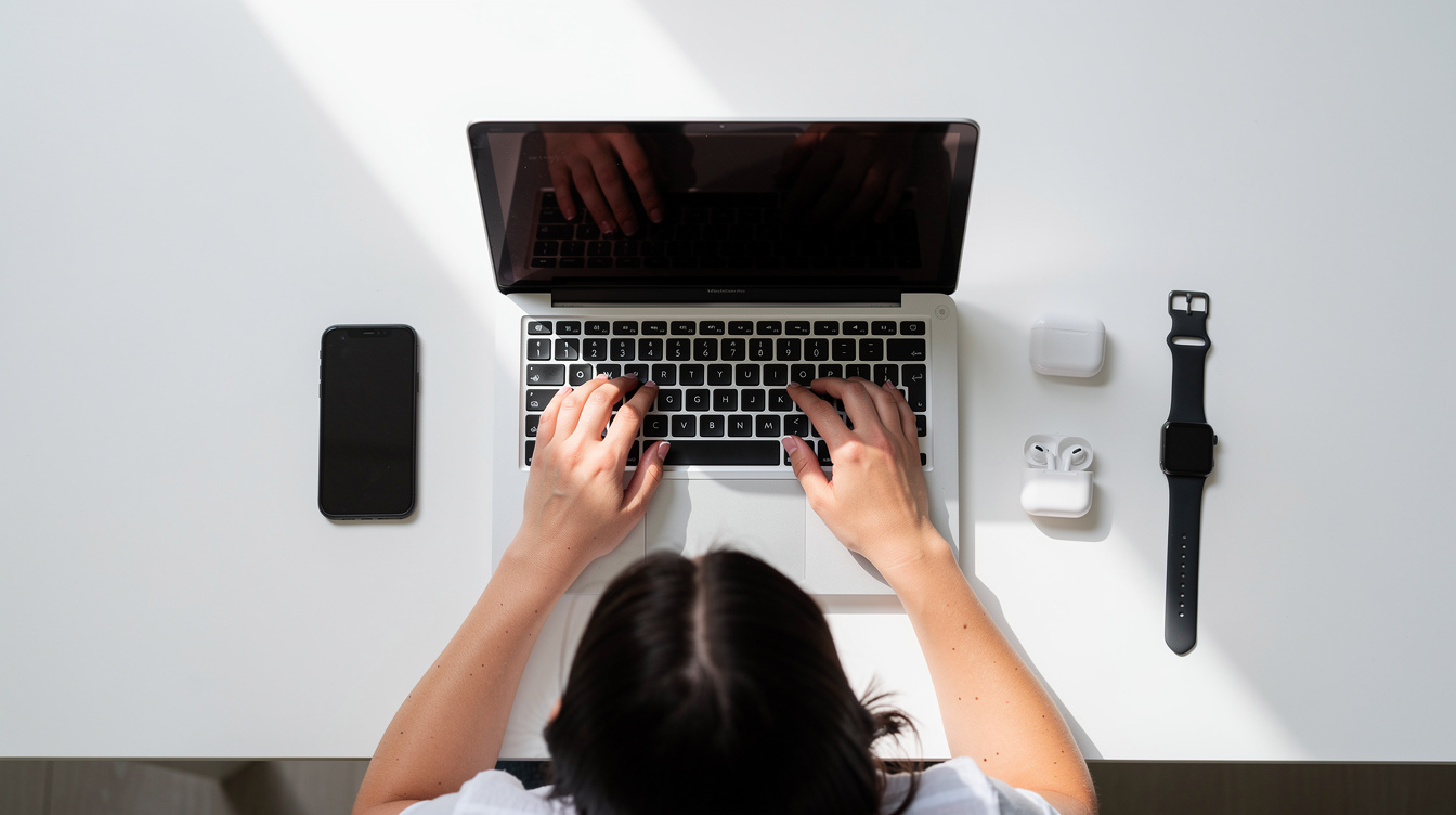 Person using laptop surrounded by tech gadgets and devices